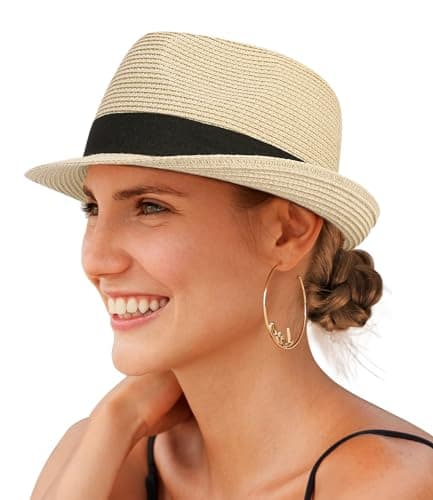 Creekstone Chapeau de Soleil Fedora en Paille pour Homme et Femme à Bord Court Panama Trilby Chapeau Été de Plage Pliable UPF 50+ (FR/ES, Alpha/lettres, M, BEIGE)