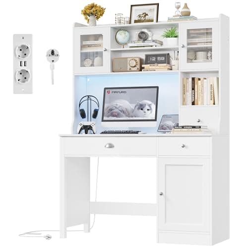 FirFurd Bureau Blanc avec LED Bureau avec Rangement 2 Prises 2 USB Coiffeuse sans Miroir 8 Étagères Réglables 3 Tiroirs 3 Portes Bureaux pour Chambre 120x48x165cm