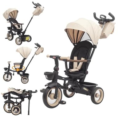 Twinly - Tricycle évolutif bébé Sami Pliable avec siège pivotant à 360° vélo 2 Ans - Poussette bébé, coulisseaux Jouet, 1-5 Ans ou 25 kg - Lumière, Capote Extensible et poignée parentale (Beige)