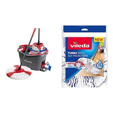 Vileda Easy Wring & Clean Turbo Balai à Frange Seau à Pédale Set Complet, 2,1kg 1 Unité (Lot de 1) Gris/Rouge & Recharge Turbo 3en1 avec Pad Central pour 40 % de Puissance de Nettoyage en Plus