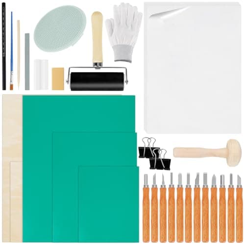 31 Piece Linogravure Plaque Kit Linogravure Caoutchouc Block Printing Starter Linoleum Plate avec Papiers Calques, Bloc de Mélange pour la Gravure et DIY Impression en Reliefs