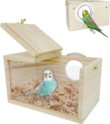 LATRAT Nichoir pour perruches - Design transparent - Mangeoire à oiseaux en bois naturel - Petit nid d'oiseau - Volière en bois - Pour perruches, perruches, perroquets