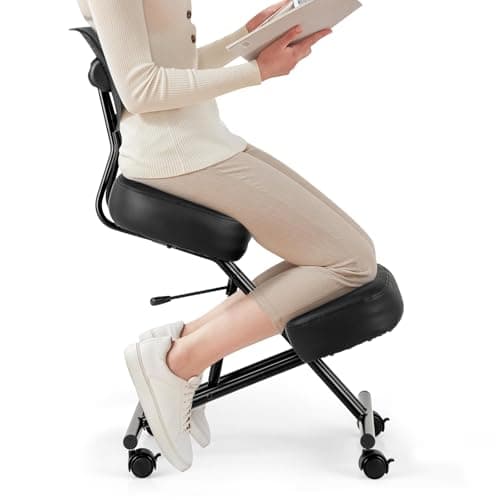 COSTWAY Chaise à Genoux Ergonomique avec Dossier, Siege Assis Genoux Réglable, Tabouret Bureau Orthopédique avec Roues Universelles Verrouillables, Correcteur de Posture Confortable, Noir