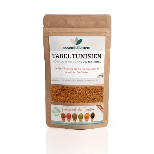 Epice Tabel Karwiya Tunisie - 100% Naturel, Artisanal - Tabil Tabeul - Mélange 4 ingrédients - Coriandre, Carvi, Ail, Piment - Pochette Refermable 200 gr - Essentiellement - Fabriqué par Souk Oriental