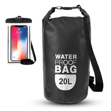 HTRTRR sac étanche avec poche étanche pour téléphone portable, 10L/20L en option, avec épaule réglable, adapté pour kayak, rafting, canoë, camping, voyage, natation, Noir , 20L