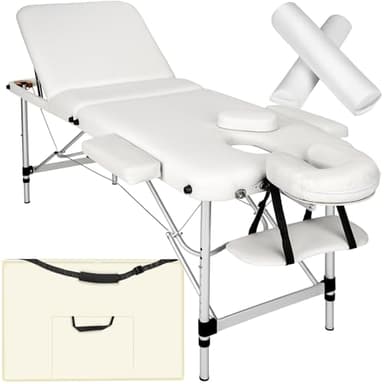 TecTake® Table de Massage Pliante Professionnelle 3 Zones Massage et Relaxation Cadre en AluminiumTable Esthetique Professionnel Lit de Massage Portable à roulettes, Accessoires Inclus - Blanc