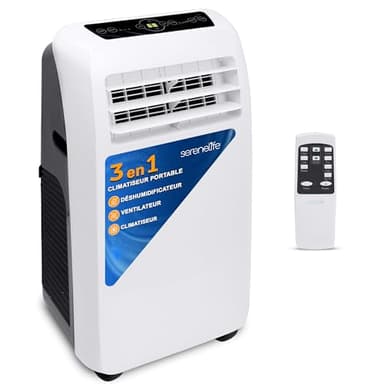 SereneLife Climatiseur Mobile Silencieux,Climatiseur Portable 3-en-1 avec Fonction Déshumidificateur Intégré, Mode Ventilateur, Télécommande, Kit d'Évacuation Complet Montable sur Fenêtre,Blanc