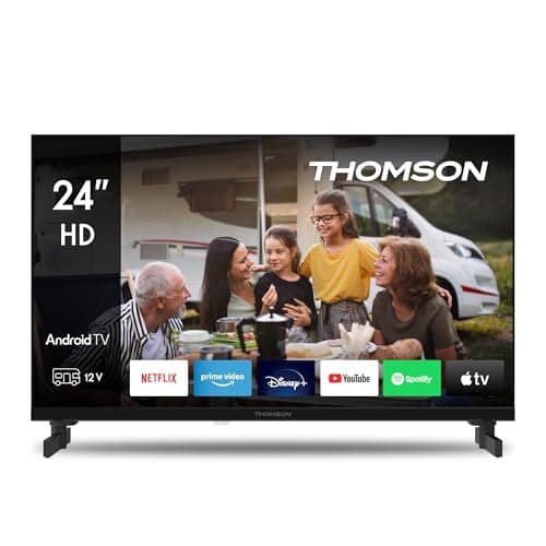 THOMSON 24 Pouces (60 cm) LED HD 12V Camping Smart Android TV, Google Assistant, Wi-FI, Dolby Digital, Bluetooth, Triple-Tuner (Câble-Satellite-Antenne), HDMI, CI, A Panneau- 24HA2S13C