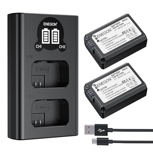 ENEGON Batteries NP-FW50（2x1300mAh） Rechargeables et Chargeur LCD Intelligent USB Compatible avec Sony Alpha ZV-E10, A6500, A6400, A6300, A6000, A7, A7S, A7S II, A5100, A5000, et Sony NEX Série 3/5/7