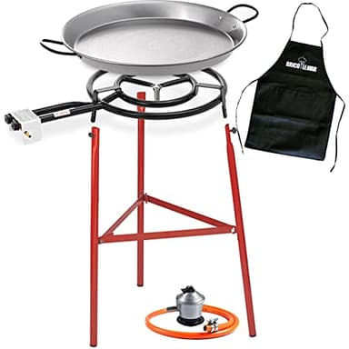 Lot de poêle à paella 500 mm + kit Bricolemar (poêle à paella 60 cm + pieds renforcés pour poêle à paella + régulateur de gaz + tuyau homologué + tablier noir en cadeau)