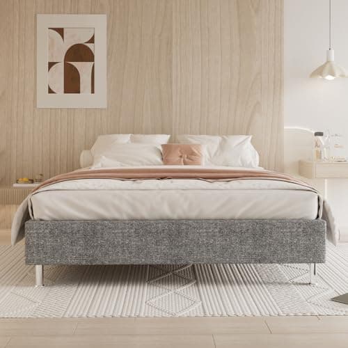 Stanew Cadre de lit Plateforme capitonné 31 cm Sommier/Support à Lattes en Bois/Facile à Monter/Gris foncé (140x190cm)