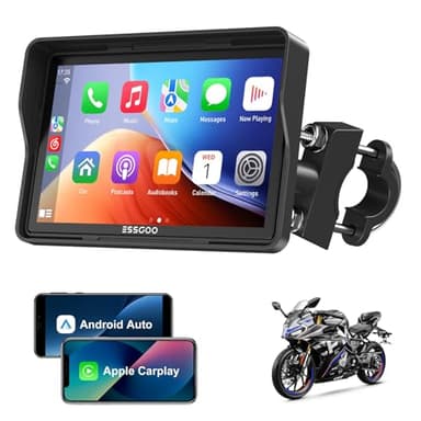 ESSGOO CarPlay Moto 5" Écran Tactile IPS avec CarPlay & Android Auto sans Fil, GPS Moto Étanche, Musique Bluetooth, Navigation, Support Siri, Installation & Démontage Faciles