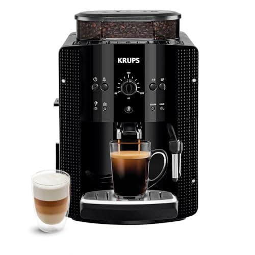 Krups Machine à café grain, 1,7 L, 2 tasses en simultané, Nettoyage automatique, Buse vapeur pour Cappuccino, Cafetière espresso, Essential noire YY8125FD, Noir