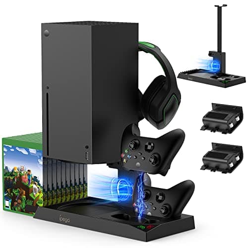 Support Compatible avec Xbox Series X, Ventilateur de Refroidissement avec Dual Controller Chargeur Station avec Batteries Rechargeables 2x1400mAh, Support D'écouteurs pour Série X
