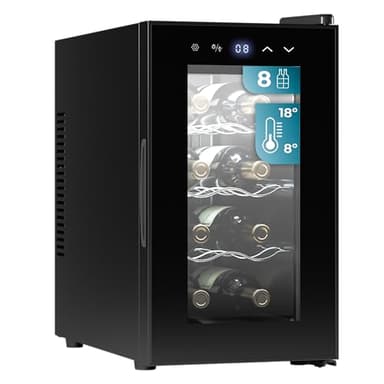 Cecotec Cave à vin 8 bouteilles Bolero Grandsommelier 830 coolcrystal, Refroidissement thermoélectrique, Température réglable entre 8 et 18°C, Commande tactile et affichage, Gaz non nocif.