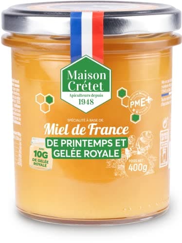 Maison Crétet | Miel de France de Printemps et Gelée Royale | Miel non pasteurisé récolté en France en pot verre | préparation en pot de 400G
