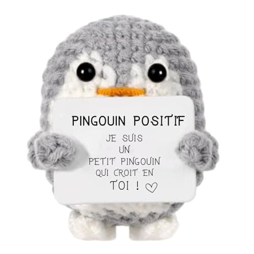 Pingouin Positif® | Cadeau Original & Amusant | Idee Drole | Fete Enfant Ado | Anniversaire Fille Garcon | Deco Chambre | Crochet Maison | Doudou Fun| Poupee Humour | Jouet Rigolo | Peluche Motivation