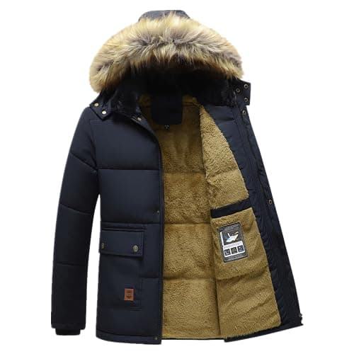 ANUFER Hommes Thermique Hiver Veste Parka Doublure épaisse en Peluche Coton Rembourré Manteau avec Capuche de Fourrure Détachable SD5A0831 Bleu Marine S
