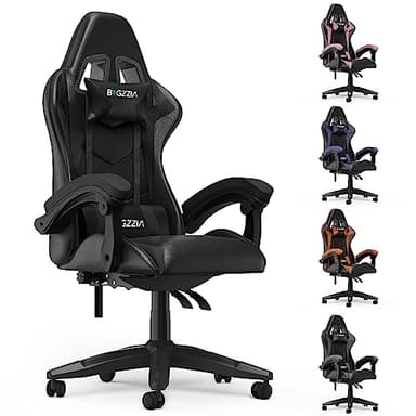 bigzzia Chaise Bureau Chaise Gaming Ergonomique en PU Cuir, Hauteur Réglable, avec Coussin Lombaire et Appui-Tête, Fauteuil Gamer Confortable pour Adultes, Filles et Garçons (Noir)