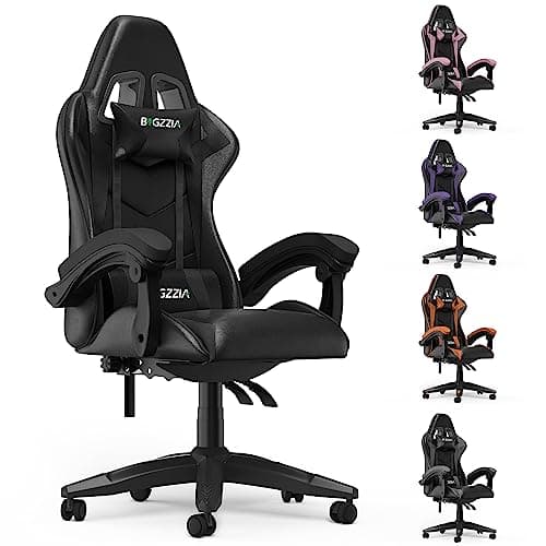 bigzzia Chaise Bureau Chaise Gaming Ergonomique en PU Cuir, Hauteur Réglable, avec Coussin Lombaire et Appui-Tête, Fauteuil Gamer Confortable pour Adultes, Filles et Garçons (Noir)