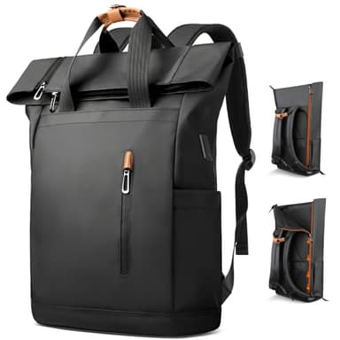 hk Sac à dos Roll Top 28L pour ordinateur portable 15.6” avec port USB Grande taille Extensible Imperméable pour homme et femme Style Urbain pour Travail Université Voyage Shopping (Noir)