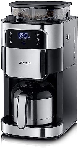 SEVERIN Cafetière avec broyeur intégré 1 000 W, Machine à café programmable avec minuteur, Cafetière filtre avec verseuse isotherme d'une contenance de 8 tasses, Noir/Inox, KA 4814