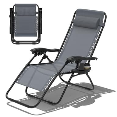 Chaise Longue Pliante，Fauteuil Relax Jardin，Bain de Soleil avec Porte-Gobelet et Repose-Tête,Inclinables，Transat de Plage，Transat de Relaxation Chaise de Camping pour Patio Jardin Plage，Gris