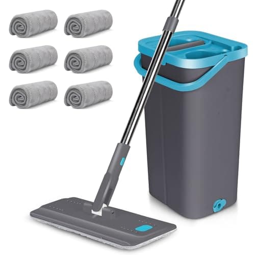 MASTERTOP Balai Serpillière et Seau Essoreur, Balai Microfibre Rotatif 360° et Seau à 2 Compartiments, Vadrouille de Mains Libre pour Nettoyage de Sol, avec 6 Serpillères Réutilisables (Gris foncé)