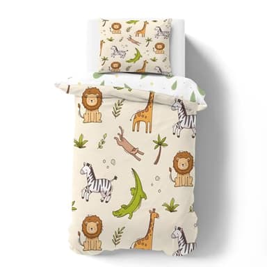 Parure de lit 120x150 Enfant Lion Girafe Zèbre Imprimée - Housse de Couette 120x150 1 Personne Animaux de La Jungle Ensemble de Literie Réversible en Microfibre avec 1 Taies d'oreiller 40x60 cm