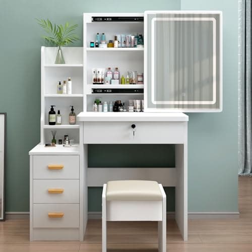 Zeaper Coiffeuse avec miroir LED et chaise, 3 tiroirs, 5 étagères, moderne, en bois, blanche (125)