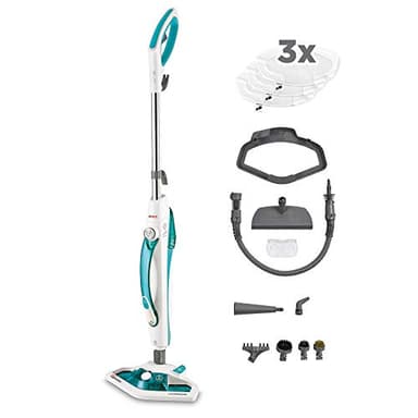 Polti Nettoyeur Vapeur Vaporetto SV450 Double, 2-en-1, Balai ou Nettoyeur à Main, 13 Accessoires Inclus dont 3 Serpillères, Réservoir Amovible, Chauffe rapide en 15 secondes, Bleu Clair et Blanc