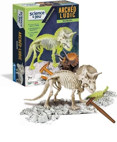Clementoni | Archéo Ludic Tricératops pour Enfants 7 Ans+ | Kit Paléontologie Bloc de Fouille Fossiles à Assembler | Squelette Phosphorescent | Marteau Burin Carte | Activité Éducative Scientifique