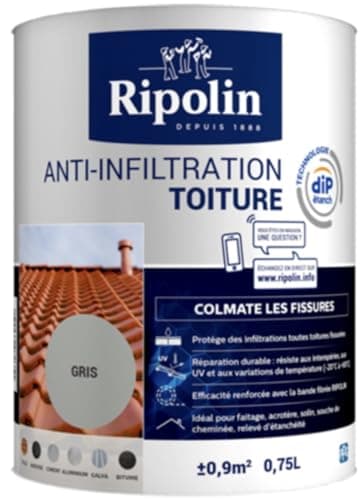 RIPOLIN - Etancheite Anti-infiltration Toiture Extérieur - Colmate les Fissures - Resistance a la Fissuration - Etanche - Résistante aux Intempéries et Rayonnement UV - 0,75L - Gris Ciment