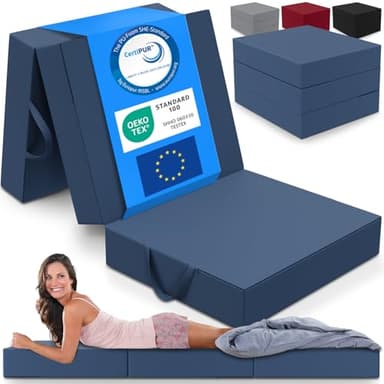 ELONEO Matelas Pliant, Matelas d'Appoint Pliable en 3 Parties, Mousse Extra Épaisse (15 cm), Lavable, Cube Intervertébral, Matelas Pliable, pour Adulte, 1 Personne (Bleu, 90 x 200 x 15 cm)