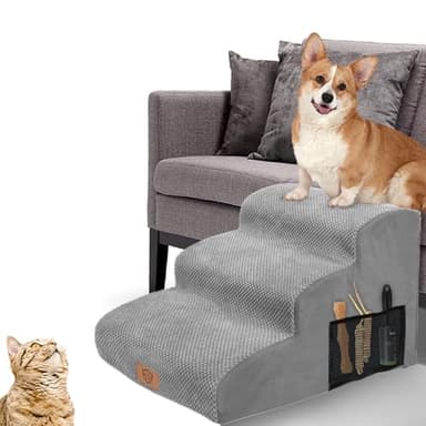 MASTERTOP Escaliers pour Chiens à 3 Marches en Éponge Haute Densité, Échelle Large pour Animaux de Compagnie, Escaliers Chien Antidérapant avec Housse Amovible pour Monter Canapé et Lit (Gris)