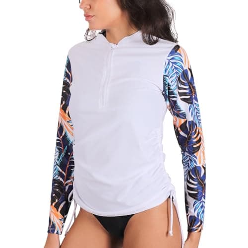 MASOCIO Tee Shirt Anti UV Femme à Manche Longueet et Fermeture éclair 1/4 Vêtements T Shirt Tshirt UPF 50+ Rashguard Wakeboard Maillot de Bain Surf Natation XXL Blanc