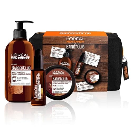 L'Oréal Men Expert BarberClub - Trousse Barbe + Visage + Cheveux pour Homme - Nettoyant 3-en-1 + Huile Barbe Longue + Crème Coiffante - À l'Huile Essentielle de Bois de Cèdre - Coffret 3 Produits