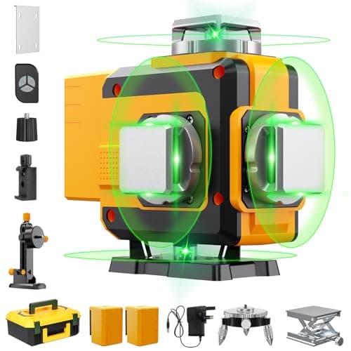 Niveau Laser Vert 4x360, Niveau Laser Professionnel 4D 16 Fils, Niveau Laser Rotatif Autonivelant, IP54 Antipoussière, Etanche, 2 Batteries Rechargeables de 4800 mAh