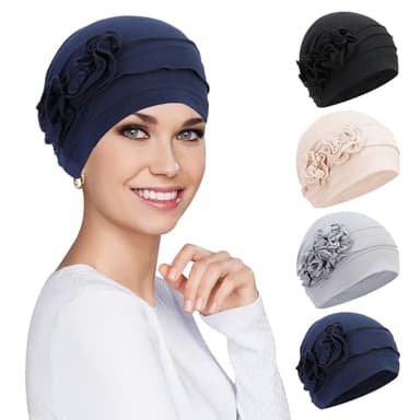 XEPST 4 Pièces Bonnet Chimio Femme, Turban Femme Chimio Cancer Musulmanes Bonnet, Chimiothérapie Oncologique Stretch Chapeaux Bonnet Nuit Bonnet Chimio pour Femmes