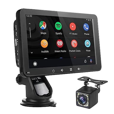 Autoradio Portable sans Fil Carplay/Android Auto - Écran Tactile de écran Voiture Lecteur avec Bluetooth | Mirror Link | Transmetteur FM/USB/TF, Installation Facile (7 Pouces avec caméra)