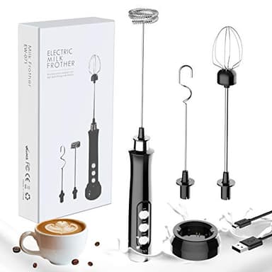 GeeRic Mousseur à Lait, Machine à Mousse électrique Portative, Mélangeur de Boisson 3 en 1, Station de Chargement USB avec 3 Fouets en Acier Inoxydable pour Café, Lait et Cuisine Noire