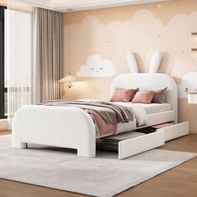 Zepneiy Lit Enfant en Forme de Lapin,Lit Rembourré 90x190 avec 2 tiroirs, Lit Simple avec sommier à Lattes, en Laine Mouton Blanc (sans Matelas)
