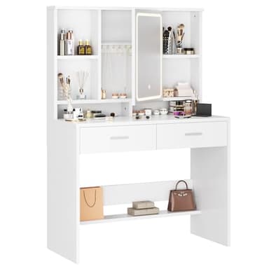 Airfish Coiffeuse de Maquillage avec Miroir LED, 3 Couleurs avec Luminosité Réglable, Table de Maquillage avec Espace pour Bijoux, Étagères Réglables, 2 Tiroirs (Blanc)