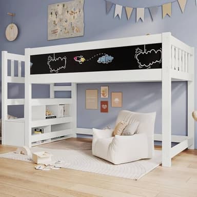 Sweiko Lit Enfant loft 90 x 200 cm, Cadre de lit avec Tableau Blanc et Tableau Noir, lit Enfant avec Rangement et Protection Contre Les Chutes, Cadre de lit Enfant avec Lattes