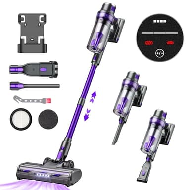 QikCln Aspirateur sans Fil, 30000pa Aspirateur Balai avec Écran LED et Anti-Emmêlement, 8 en 1 Rechargeable Support Mural Aspirateur pour Tapis et Poils d'animaux de Compagnie, 60 Minutes d'Autonomie