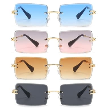 HTTDSLF 4 Pièces Lunettes de Soleil Rectangulaires pour Hommes et Femmes, LLunettes de Soleil Vintage, Sans Monture Lunettes de Soleill, Protection UV 400, Couleur Progressive, Lunette Bleu