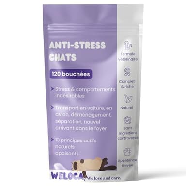 Anti-stress Chat - Anti marquage Urinaire, Anti griffade - Apaisant contre les problèmes comportementaux du chat ou changements (déménagement) - 120 bouchées naturelles très appétentes - Calmant chat