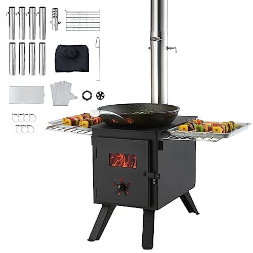 VEVOR Poêle à Bois, 86 Pouces, poêle de Tente de Camping en Acier allié Portable avec 8 tuyaux de cheminée et Gants, poêle de Tente Chaude de 1400 po³ pour la Cuisine et Le Chauffage en Plein air