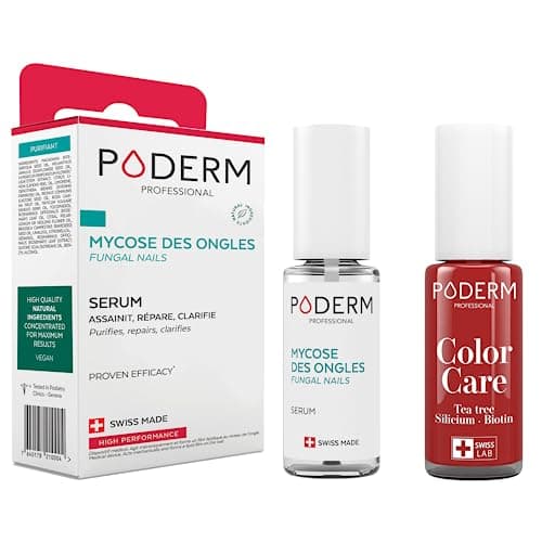 PODERM Mycose Ongles L'Essential Soin des Ongles | Traitement Mycose 2en1 + Vernis Tea Tree Rouge Allure | Répare, Protège & Colore | Pieds/Mains | Antifongique Naturel | Swiss Made