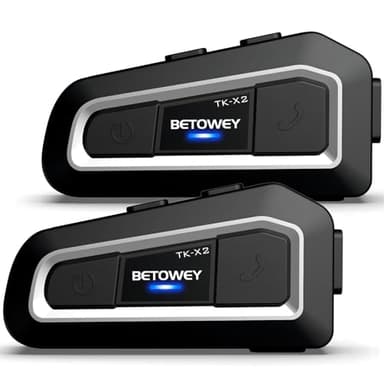 BETOWEY Intercom Moto Duo pour 2 Casques TK-X2 Kit Main Libre Oreillette Bluetooth pour Casque Moto, avec Radio FM, Suppression Bruit, Communication Système pour Moto/ATV/Motoneige (2 Pièce)